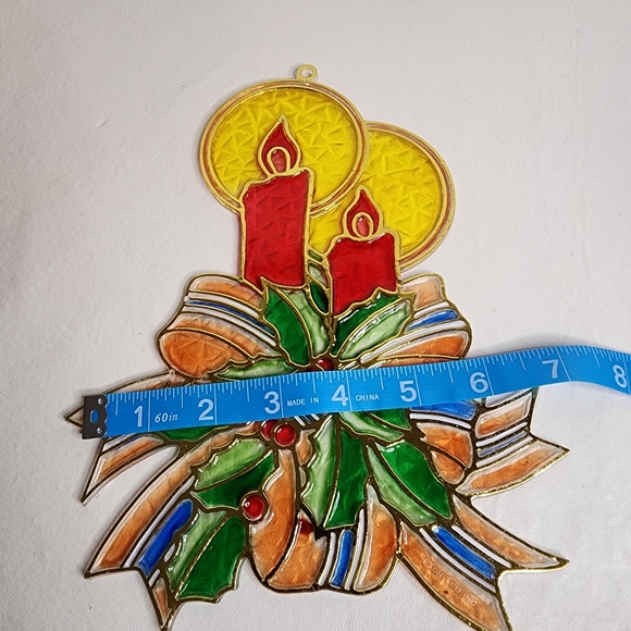 Vintage Suncatcher Christmas Candles and Holly Plastic Stained Glass Ornament - Picture 6 of 13